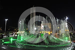 pucallpa peru, plaza de armas with illuminated water fountain