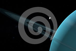 Puck, uranian moon, orbiting around Uranus planet in the outer space. 3d render