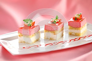 Pudding cake with mint leaves and strawberry on white plate with