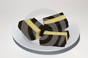 Pudding-covered sponge cake or chocolate-covered sponge cake. Selective focus.