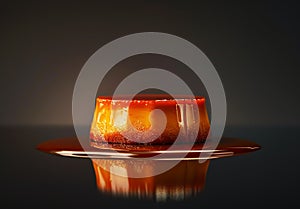 Pudding flan on a reflective surface minimalist black background