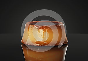 Pudding flan on a reflective surface minimalist black background