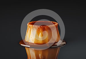 Pudding flan on a reflective surface minimalist black background