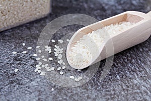 Pudding Rice on Grey Background with Scoop