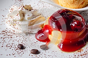 Pudding with strawberry jam