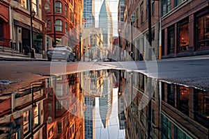 puddle distorting reflection of city buildings