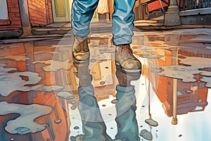 puddle reflections of gaslights, distorted by passing feet