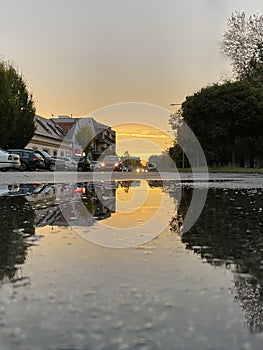 Puddle reflections in the urban road after rain at sunset golden hour. Cars and lights reflects