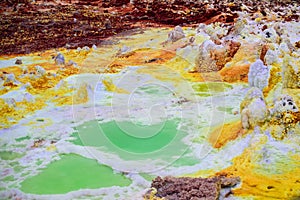 Puddle whose color is given by sulfuric acid at Dallol volcano photo