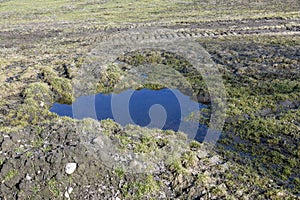 puddles on an agricultural field after rains and snowmelt