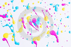 The puddles of a bright yellow, pink and blue oil paint spill. Watercolor colorful drop splash. Splatter of pink, blue and yellow