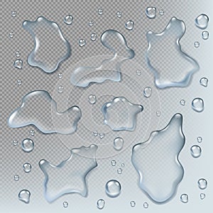 Puddles realistic. Top view liquid drops and puddle splashes wet environment illustrations set
