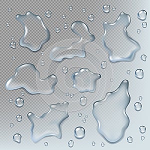 Puddles realistic. Top view liquid drops and puddle splashes wet environment illustrations set photo