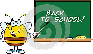 Pudgy Bee Cartoon Character With Glasses With A Pointer In Front Of Blackboard