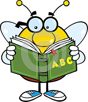 Pudgy Bee Cartoon Character With Glasses Reading A ABC Book