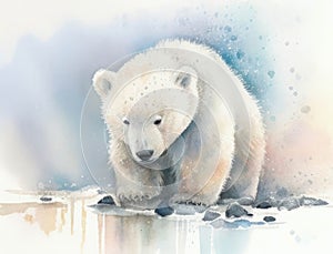 A pudgy polar bear waddling around with its fluffy fur. Cute creature. AI generation