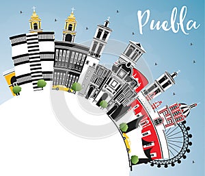 Puebla Mexico City Skyline with Color Buildings, Blue Sky and Copy Space