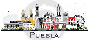 Puebla Mexico City Skyline with Color Buildings Isolated on White photo