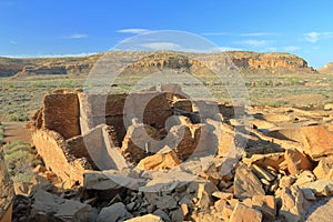 Pueblo Bonito Ruins and Chaco Canyon from Rockslide Viewpoint at Sunrise, Chaco Culture National Historical Site, New Mexico, USA