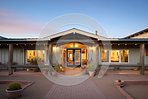 pueblo house faade at dusk with wooden beams photo