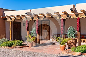 Pueblo style adobe architecture house in Santa Fe, New Mexico