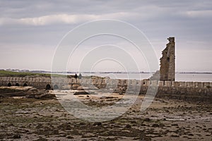 Puen of the island of San SadurniÃ±o and view of Cambados, Rias Bajas, Pontevedra, Galicia, Spain