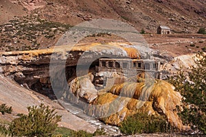 Puente del Inca Bridge, a natural arch that forms a bridge over the Las Cuevas River, in the Andes mountain range, Argentina.