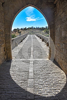 Puente la Reina, Spain - 31 Aug, 2022: Arches of the roman Puente la Reina foot bridge, Navarre, Spain