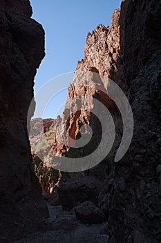 Puerta del Diablo, aka Devils Gate, red rock formation in dry Red Canyon Quebrada de Palmira near Tupiza, Bolivian Andes- Bolivia