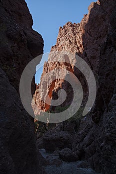 Puerta del Diablo, aka Devils Gate, red rock formation in dry Red Canyon Quebrada de Palmira near Tupiza, Bolivian Andes- Bolivia