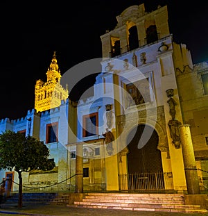 The night view on Puerta del Perdon of Seville Cathedral, Spain photo