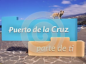 Puerto de la Cruz parte de ti a part of you slogan with a little dog above photo
