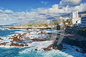 Puerto de la Cruz, Tenerife, Canary Islands - Atlantic ocean coast and modern city part with hotels and turistic resorts