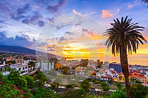 Puerto de la Cruz, Tenerife, Canary islands, Spain: View over the city at the sunset time photo