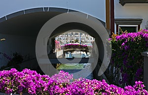 Puerto de MogÃ¡n canal with bougainvillea