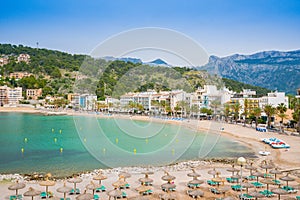 Puerto de Soller, Port of Mallorca island in balearic islands, Spain. Beautiful  beach and bay with boats in clear blue water of