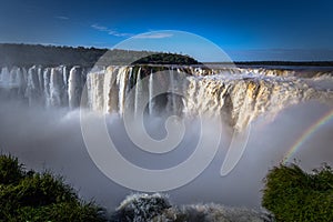 Puerto Iguazu - June 24, 2017: The Devil`s Throat site at the Iguazu Waterfalls, Wonder of the world, at Puerto Iguazu, Argentina