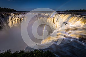 Puerto Iguazu - June 24, 2017: The Devil`s Throat site at the Iguazu Waterfalls, Wonder of the world, at Puerto Iguazu, Argentina