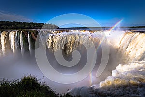 Puerto Iguazu - June 24, 2017: The Devil`s Throat site at the Iguazu Waterfalls, Wonder of the world, at Puerto Iguazu, Argentina