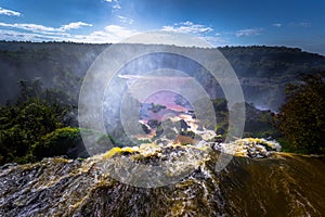 Puerto Iguazu - June 24, 2017: Landscape of the Iguazu Waterfalls, Wonder of the world, at Puerto Iguazu, Argentina