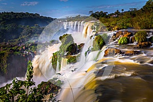 Puerto Iguazu - June 24, 2017: Landscape of the Iguazu Waterfalls, Wonder of the world, at Puerto Iguazu, Argentina