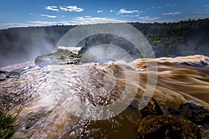 Puerto Iguazu - June 24, 2017: Landscape of the Iguazu Waterfalls, Wonder of the world, at Puerto Iguazu, Argentina