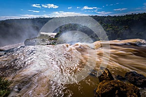 Puerto Iguazu - June 24, 2017: Landscape of the Iguazu Waterfalls, Wonder of the world, at Puerto Iguazu, Argentina