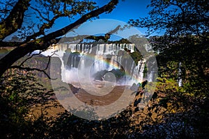 Puerto Iguazu - June 24, 2017: Landscape of the Iguazu Waterfalls, Wonder of the world, at Puerto Iguazu, Argentina