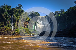 Puerto Iguazu - June 24, 2017: Landscape of the Iguazu Waterfalls, Wonder of the world, at Puerto Iguazu, Argentina