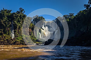 Puerto Iguazu - June 24, 2017: Landscape of the Iguazu Waterfalls, Wonder of the world, at Puerto Iguazu, Argentina