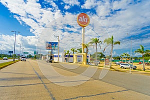 Puerto Morelos, Mexico - January 10, 2018: Outdoor view of informative sign located at one side of the highway of Puerto