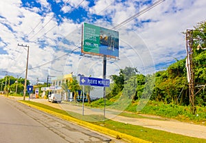 Puerto Morelos, Mexico - January 10, 2018: Outdoor view of informative sign located at one side of the highway of Puerto