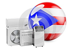 Puerto Rican flag with cooling and climate electric devices. Manufacturing, trading and service of air conditioners in Puerto Rico