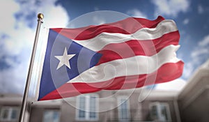 Puerto Rico Flag 3D Rendering on Blue Sky Building Background